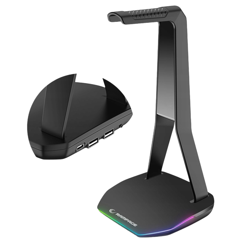Rampage Tower T14 Stojak na słuchawki gaming RGB hub 2x USB stabilny czarny Rampage Tower T14 Stojak na słuchawki gaming RGB hub 2x USB stabilny czarny