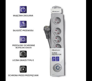 Listwa antyprzepięciowa Qoltec 5 gniazd 1.8m szara z włącznikiem Quick Switch