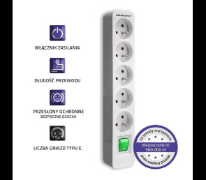 Listwa zasilająca Qoltec 5 gniazd 1.8m biało-szara z włącznikiem Quick Switch
