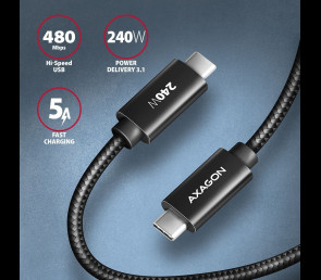 Kabel AXAGON BUCM2-CM10AB USB-C 1m 240W PD szybkie ładowanie aluminiowy