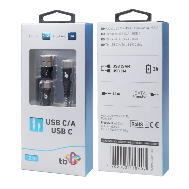 Kabel TB 2w1 USB C - USB C z USB A 1.2 m moc 60W uniwersalny Kabel TB 2w1 USB C - USB C z USB A 1.2 m moc 60W uniwersalny