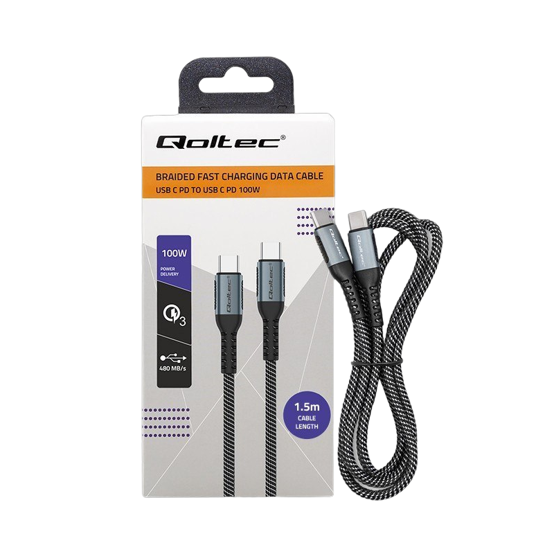 Kabel USB 2.0 typ C 1.5m Qoltec 100W szybkie ładowanie QC 3.0 czarny Kabel USB 2.0 typ C 1.5m Qoltec 100W szybkie ładowanie QC 3.0 czarny