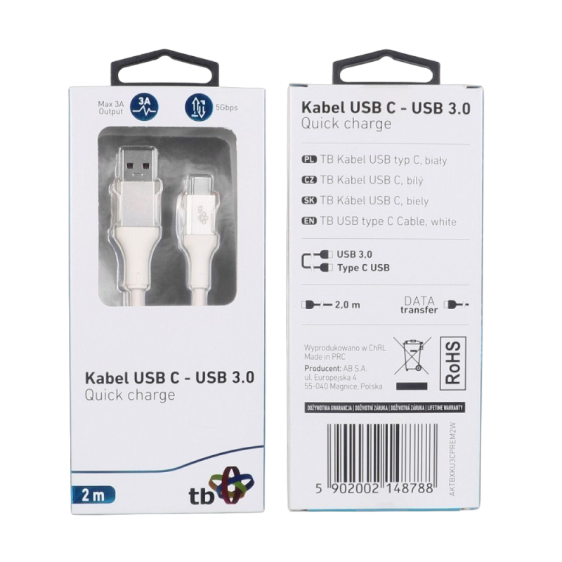 Kabel USB 3.0 USB C 2m PREMIUM 3A biały TPE szybkie ładowanie Kabel USB 3.0 USB C 2m PREMIUM 3A biały TPE szybkie ładowanie