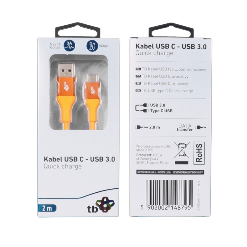 Kabel USB 3.0 USB C 2m PREMIUM 3A pomarańczowy szybkie ładowanie Kabel USB 3.0 USB C 2m PREMIUM 3A pomarańczowy szybkie ładowanie