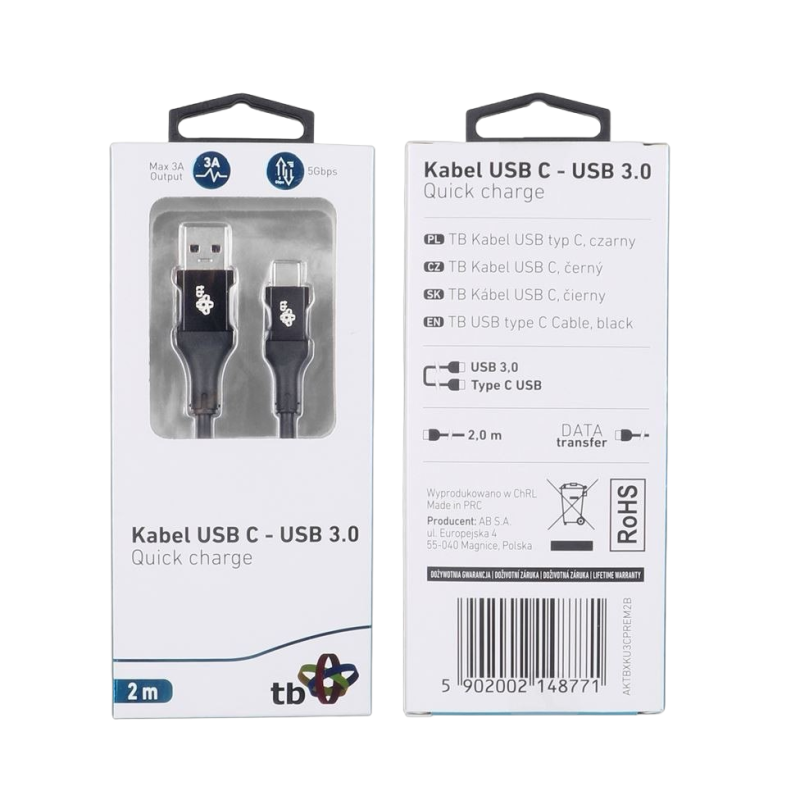 Kabel USB 3.0 USB C 2m PREMIUM czarny szybkie ładowanie TPE Kabel USB 3.0 USB C 2m PREMIUM czarny szybkie ładowanie TPE