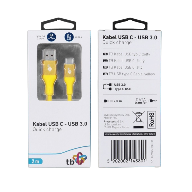 Kabel USB 3.0 USB C 2m PREMIUM szybkie ładowanie żółty TPE Kabel USB 3.0 USB C 2m PREMIUM szybkie ładowanie żółty TPE