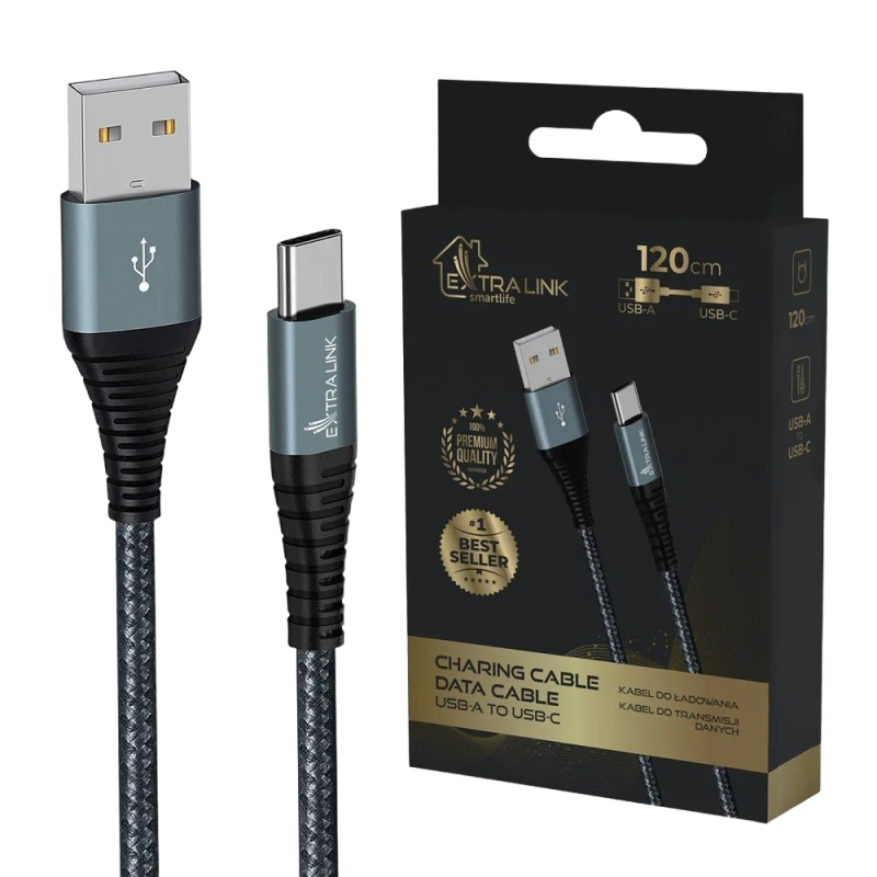 Kabel USB Typ-A do USB Typ-C Extralink Smart Life 1.2m czarny Kabel USB Typ-A do USB Typ-C Extralink Smart Life 1.2m czarny