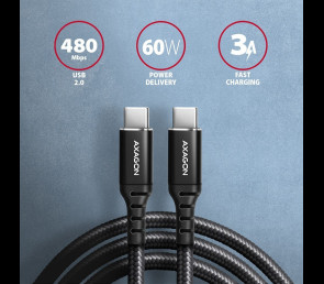 Kabel USB-C AXAGON BUCM-CM30AB 3m PD 60W wytrzymały z nylonowym oplotem
