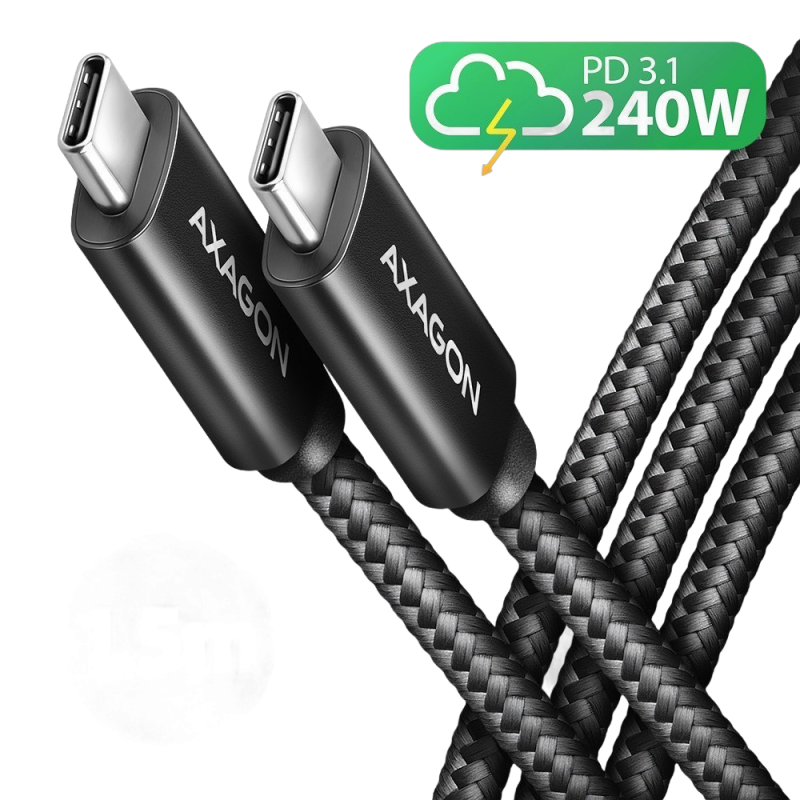 Kabel USB-C AXAGON BUCM2-CM15AB 1,5m 240W PD szybki i wytrzymały Kabel USB-C AXAGON BUCM2-CM15AB 1,5m 240W PD szybki i wytrzymały