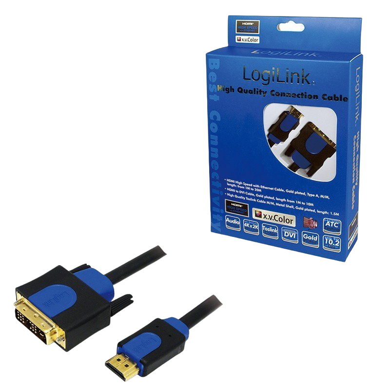 Kabel HDMI-DVI 3m LogiLink czarny niebieski wideo Kabel HDMI-DVI 3m LogiLink czarny niebieski wideo