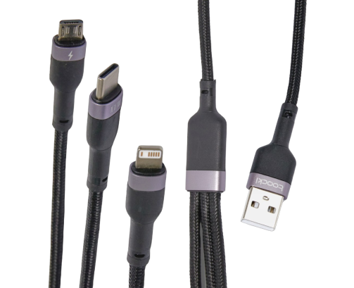 Kabel USB 3w1 USB-C Micro Lightning 100W 1.2m oplot 3 końcówki do ładowania