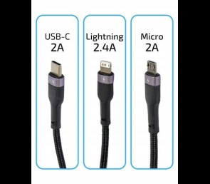 Kabel USB 3w1 USB-C Micro Lightning 100W 1.2m oplot 3 końcówki do ładowania